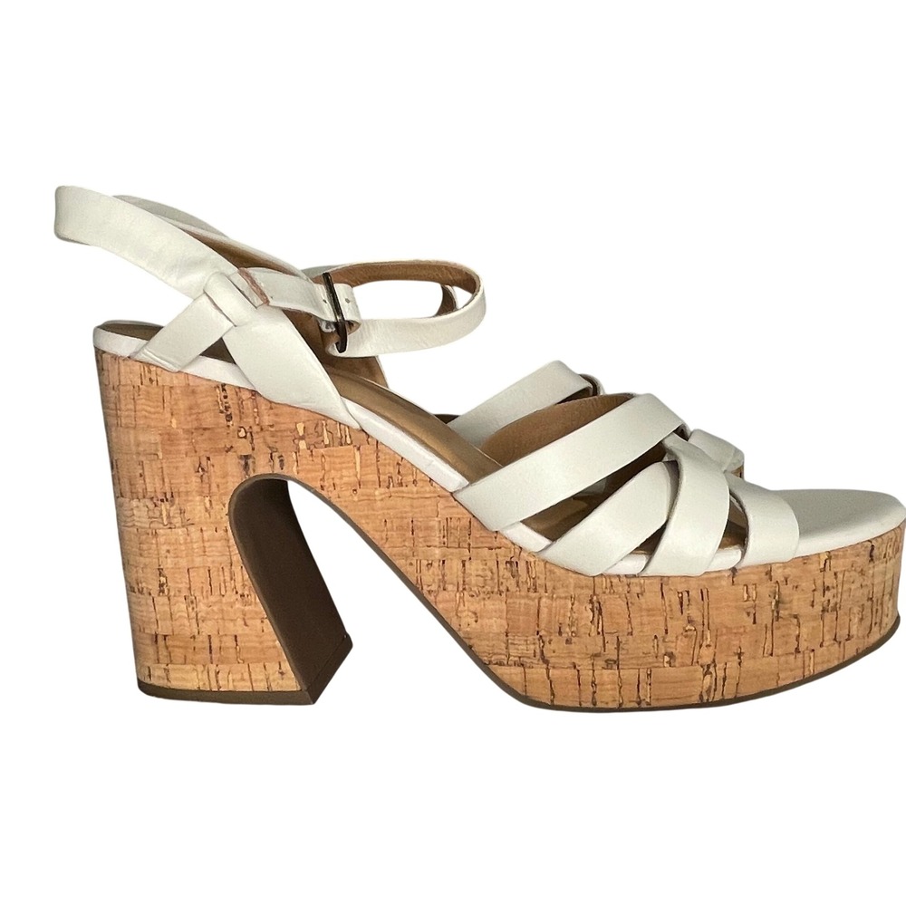 Crown Vintage Womens White Leather Cork Platform Block Heel Sandals Size 9M 40